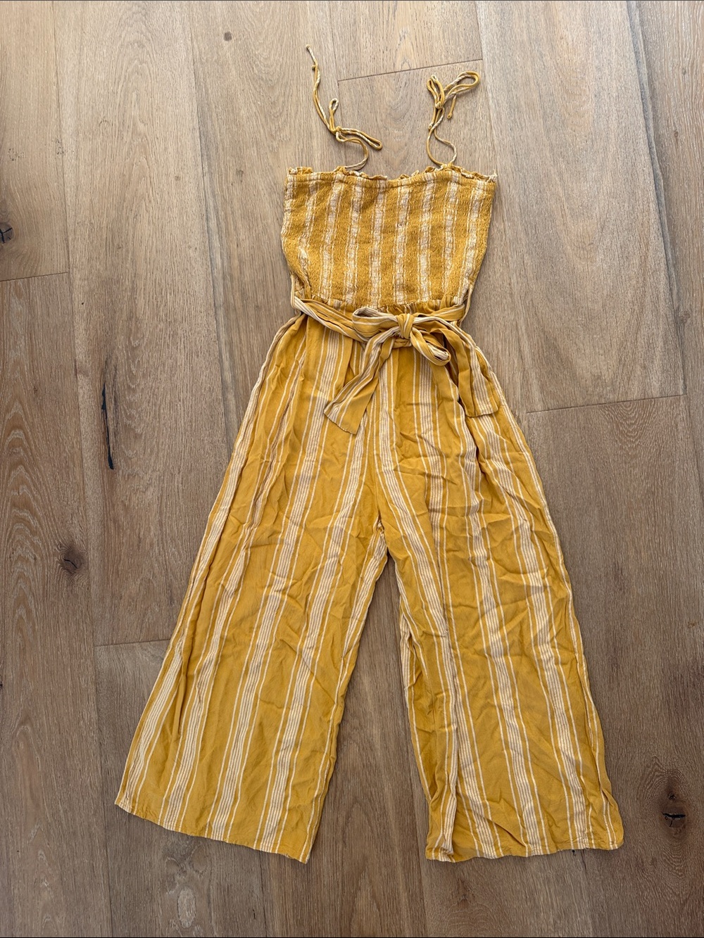 Rip Curl Mustard Yellow Striped Smocked Jumpsuit with Tie Waist